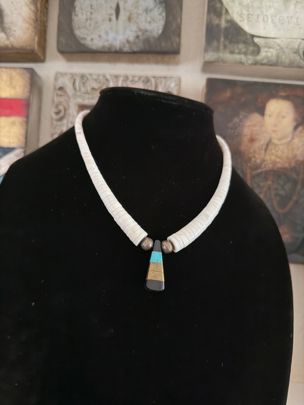 Santo Domingo Kewa‎ Pueblo Heishi Shell Necklace w/ Turquoise Inlay Tab Pendant